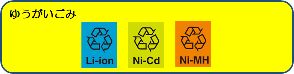 リチウムイオン電池、ニカド電池、ニッケル水素電池のリサイクルマーク（有害ごみ）