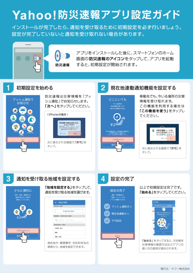 ヤフー防災速報アプリ設定ガイド  1初期設定を始める。防災速報は災害情報を「プッシュ通知」でお知らせします。次へをタップしてください。  2現在地連動通知機能を設定する。移動先でも、今いる場所の災害を受け取れます。この機能を利用する場合は「この機能を使う」をタップしてください。  3通知を受け取る地域を設定する。「地域を設定する」をタップして、通知を受け取る地域を選びます。  4設定の完了。以上で初期設定は完了です。「始める」をタップしてください。