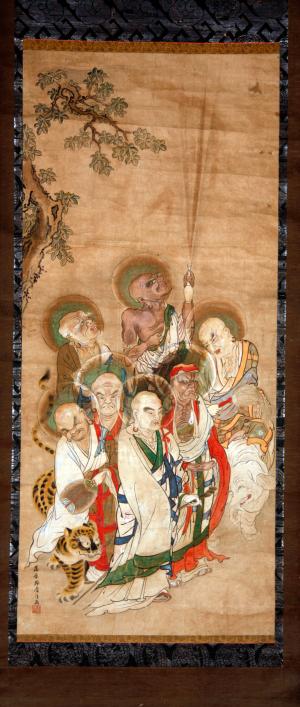 7人の羅漢と虎を描いたじゅうろくらかんずの写真