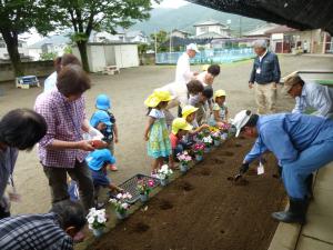 ふれあい花植えで4・5歳児がお年寄りと花を植えているところです。