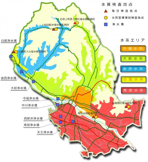 水質検査地点、浄水場の位置および水系を示したイラスト