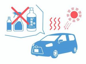 自動車内での消毒用アルコール取り扱いについてのイラスト