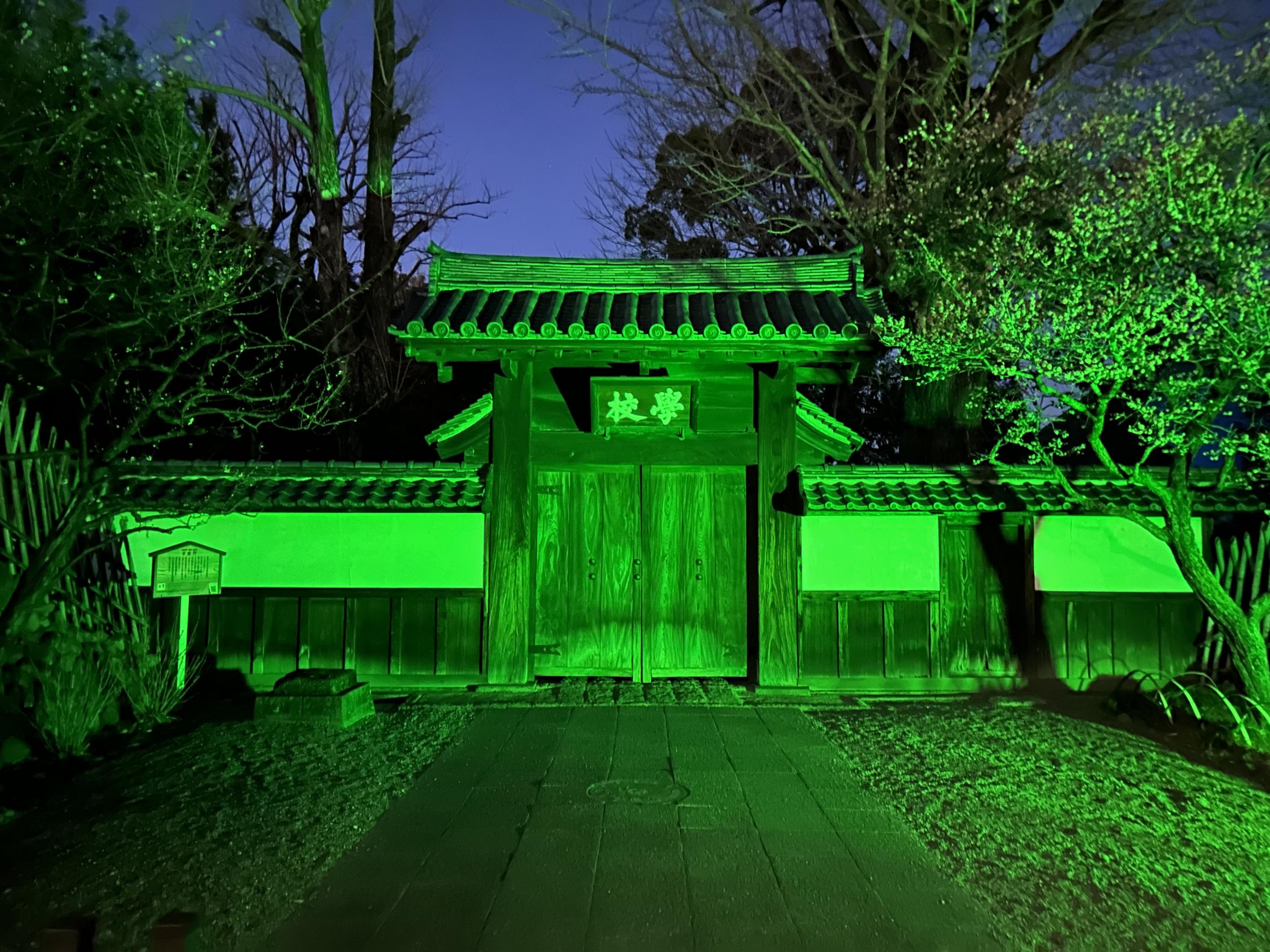 ライトアップされた学校門の写真