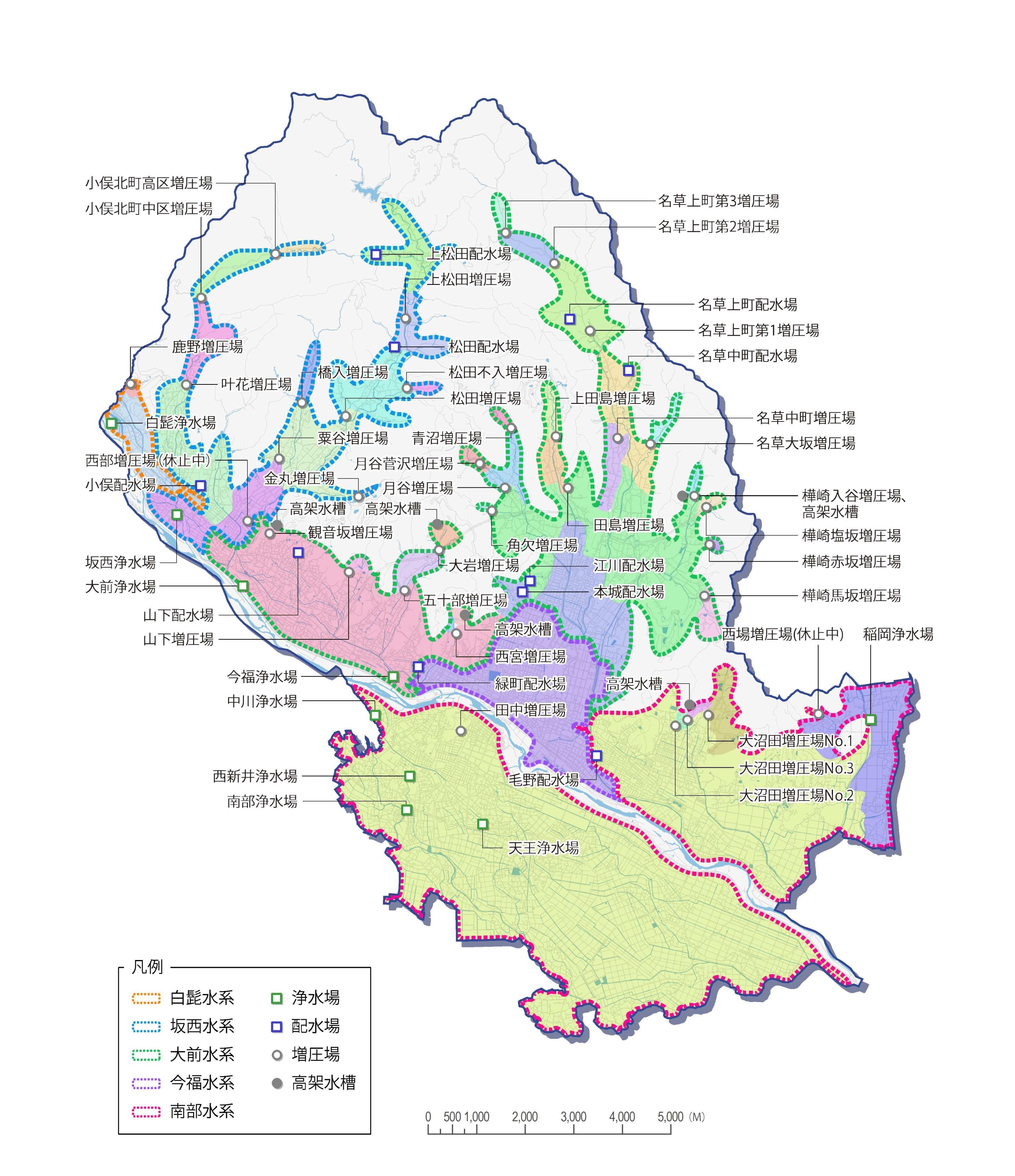 給水区域と水道施設の位置