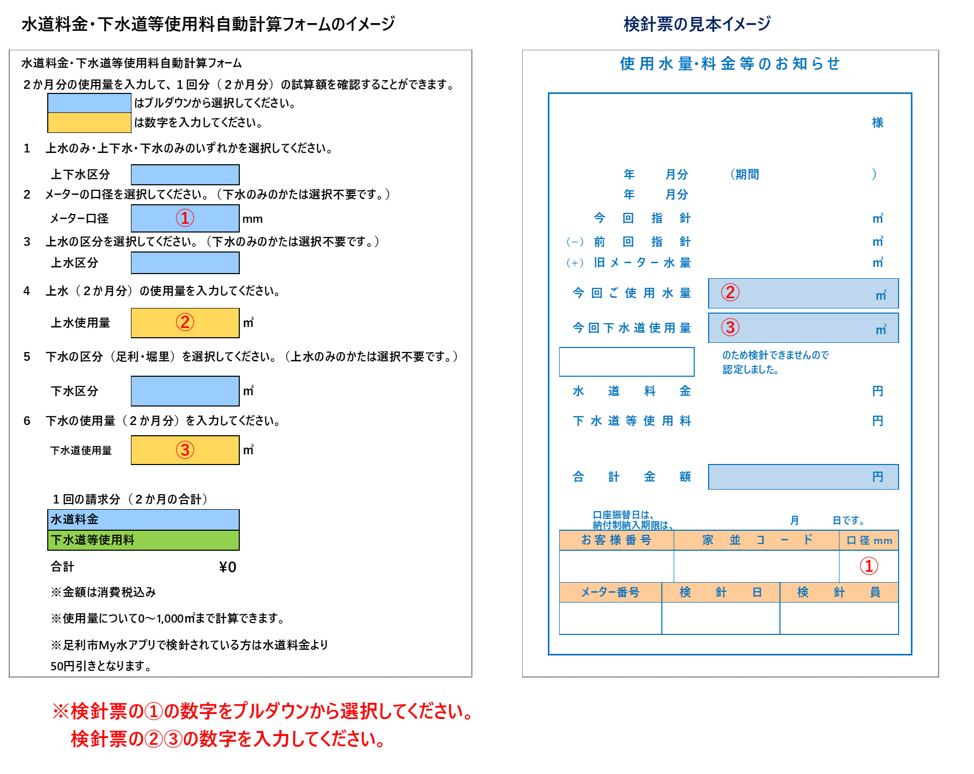 水道料金・下水道等使用料自動計算フォームのイメージ及び検針票の見本イメージ