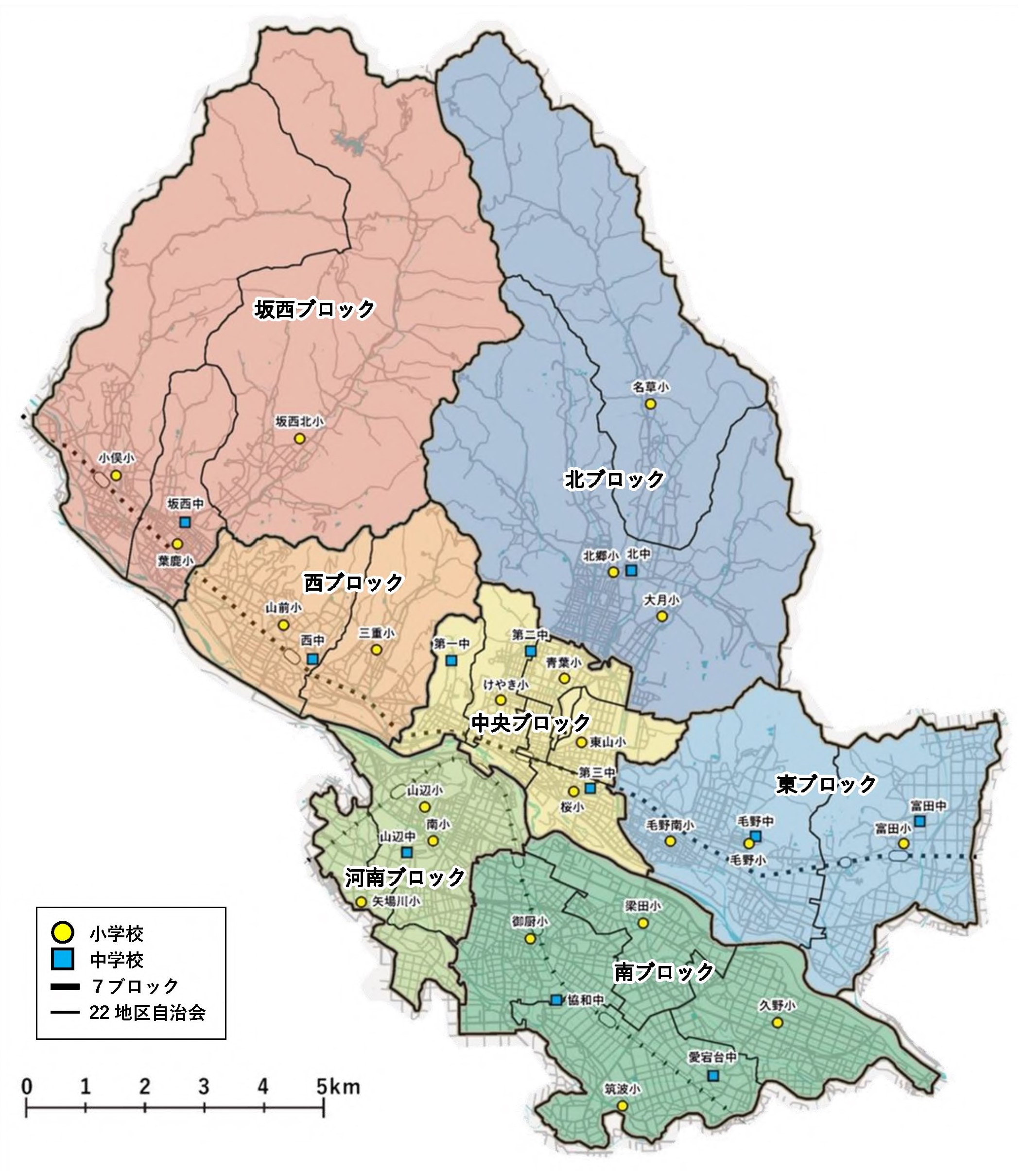 現在の小・中学校の位置と7ブロック